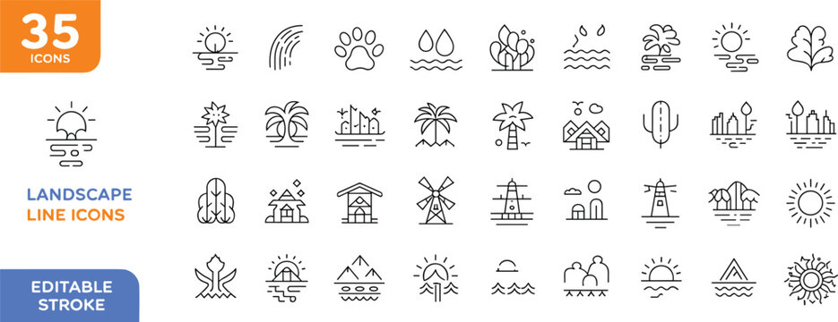 Collection of thirty-five landscape line icons, sun, rainbow, trees, mountains, houses, windmills, lighthouses, and city skyline illustration Collection of thirty-five landscape line icons, sun, 