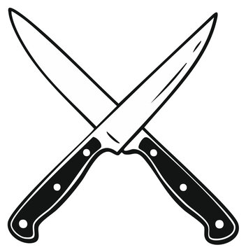 Crossed chef knives illustration, kitchen tools graphic, food preparation concept.