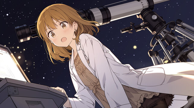 Anime girl scientist observing the night sky with a telescope and digital device, astronomy scene,夜空の星を観測する白衣の美少女研究者、望遠鏡とデジタル機器のある天文学シーン