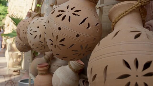 Slow Motion Clay Pottery Hanging at Nizwa Souq, Cinematic Traditional Omani Earthenware and Handicrafts in Nizwa
