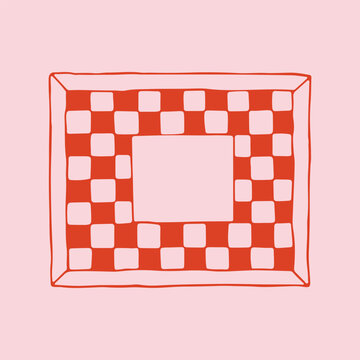 Hand drawn rectangular frame featuring red and pink checkered pattern ornament. Minimalist vector doodle border for picnic theme projects or kitchen cafe menu decoration