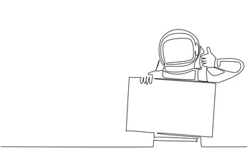 Wonderful one line drawing presents an astronaut giving a thumbs up behind a blank marketing advertisement board. It emphasizes a strong technology concept perfectly suited for a science banner. © Simple Line