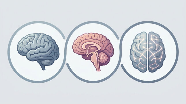 Three circular illustrations of human brains in different colors on a light gray background
