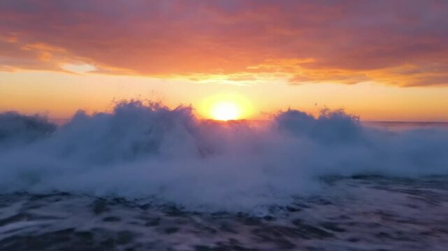 Sunset over ocean waves with colors reflecting on water surface harmonizing in vibrant tones