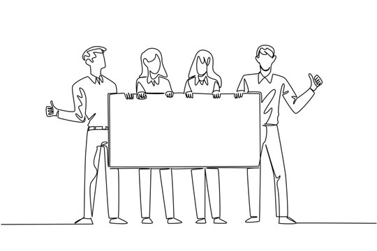Beautiful one line drawing of two men and two women holding a blank company marketing ad board. This incredible teamwork business concept is highly suitable for a corporate presentation template.