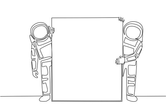 Brilliant single line drawing of two astronauts holding a vertical blank communication board. This outer space science concept is an outstanding choice for kids educational poster or school bulletin.