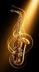 Fototapeta premium Vibrant golden spotlight illuminates a brass saxophone with artistic blurred motion lines and glowing light trails against a dark background, entertainment, reed, trails