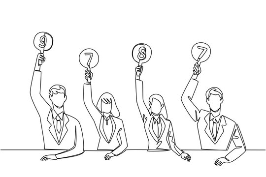 Fantastic single line drawing of two businessmen and two businesswomen holding scorecards with various scores. Corporate business concept is perfect for a company presentation or a review poster.