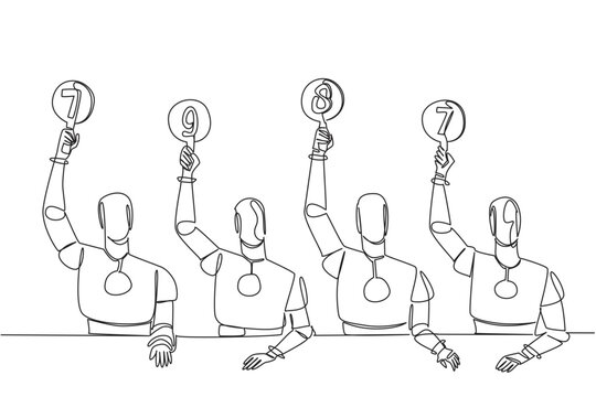 Continuous line drawing of four robots holding scorecards with various scores. This technology concept is an excellent choice for a tech competition poster or an educational science fair flyer.