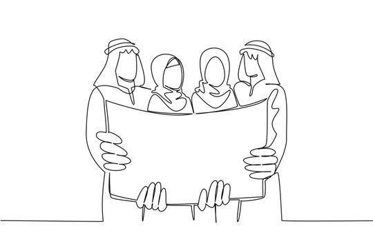 Beautiful one line drawing of two Arab businessmen and two Muslim businesswomen holding a large blank paper map. Diversity teamwork concept works perfectly for an international community event flyer.