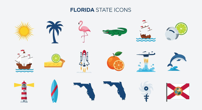 Vibrant vector icons depicting Florida's diverse culture and nature, including landmarks, wildlife, popular fruits, and state symbols for travel and tourism designs