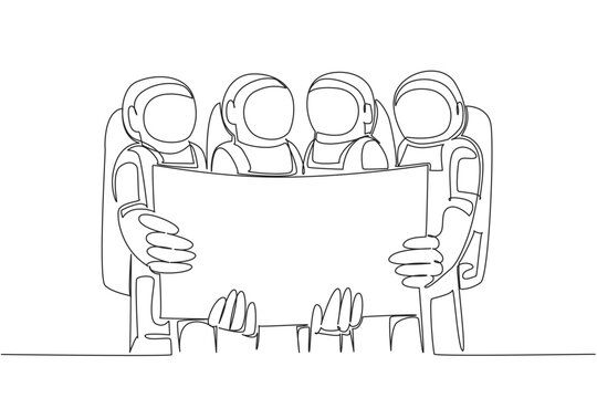 Continuous line drawing of four astronauts holding a large blueprint together in front of chest. This outer space science concept is a fantastic option for a school educational poster or exhibition.