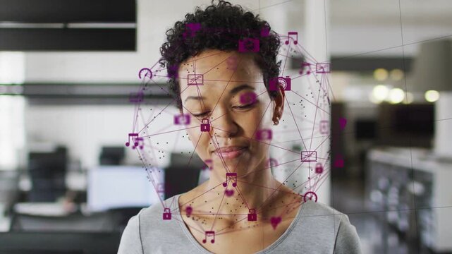 Woman gazing at camera, magenta network forming on face and chest, showing AR tech for designers