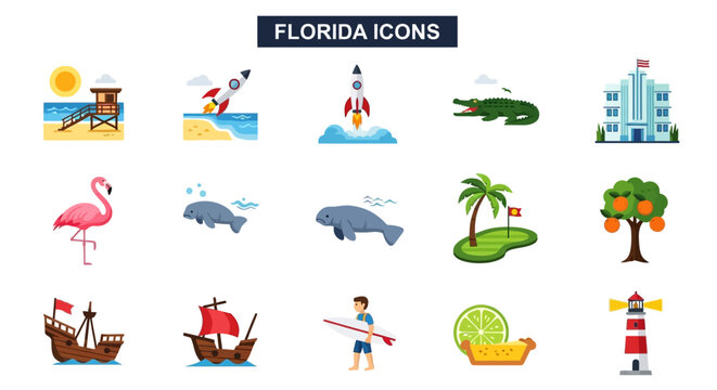 Florida Icons Collection A Comprehensive Set of Themed Graphics for Design and Promotion
