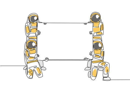 Continuous line drawing of four astronauts holding a blank ad board together in color. This outer space science concept is highly recommended for a school presentation or creative kids stationery.