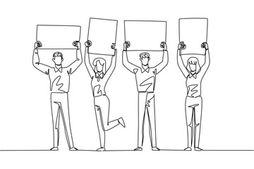 Plakat Single line drawing of two businessmen and two businesswomen holding four blank ad campaign boards above their heads. This teamwork business concept is excellent choice for a corporate meeting poster.