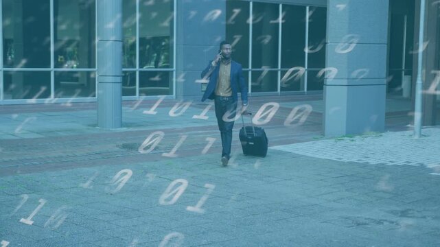 Man walking to pickup taking business phone call and pulling suitcase, binary stream over man