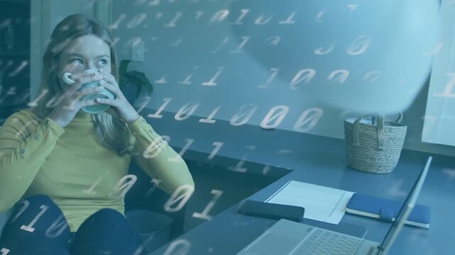 Woman holding white mug sipping, scanning PC, gazing out window, binary overlay tinting scene tech