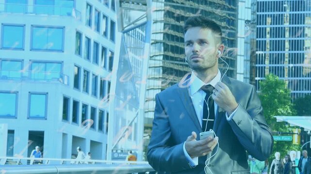 Biz exec tapping phone reading message, fixing wired buds on bridge with animated waves from phone