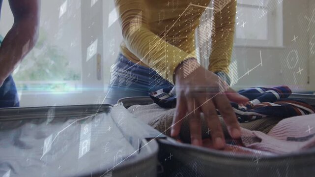 Woman compressing clothes in suitcase, man offering wallet, HUD overlay showing space for travel