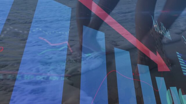 Overlay appearing while couple walking shoreline beneath animated bar chart showing market decline