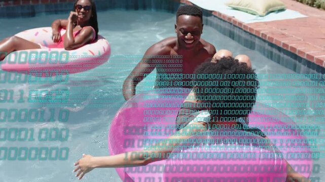 Woman reclining on pink tube, man pushing it away, binary overlay tracking motion for marketing