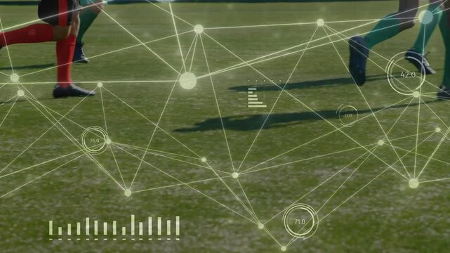 Male players' legs sprinting on turf, movement activating HUD overlaying sports analytics graphs