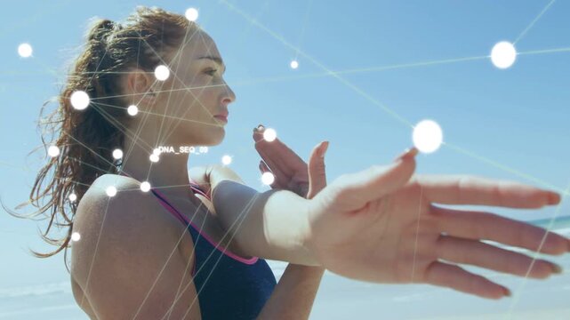 Swimmer stretching arm on shore, extension starting DNA_SEQ_09 health overlay growing across torso