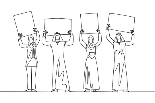 Beautiful one line drawing of two Arabian businessmen and two Muslim businesswomen lifting four campaign boards up. This global diversity concept works perfectly for an international community flyer.