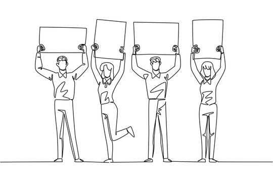 Single line drawing of two businessmen and two businesswomen holding four blank ad campaign boards above their heads. This teamwork business concept is excellent choice for a corporate meeting poster.