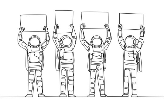 Brilliant one line drawing of four astronauts standing and lifting four individual blank ad boards over their heads. This outer space science concept represents a fantastic option for a school poster.
