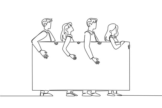 Single line drawing of two businessmen and two businesswomen walking while holding a large blank marketing board. This teamwork business concept is excellent choice for corporate presentation poster.