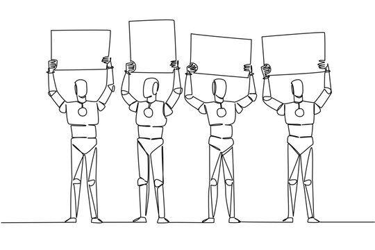 Single line drawing of four robots standing and lifting individual blank ad boards over their heads. This advanced technology concept works exceptionally well for an educational workshop presentation.