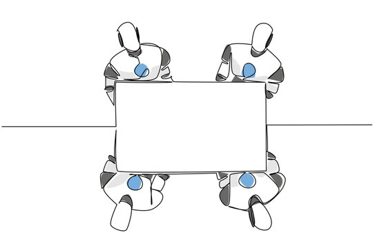 Brilliant continuous line drawing of four robots holding a wide paper map in color together from a top view. This artificial intelligence concept is an excellent graphic for an exhibition banner.
