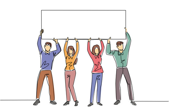 Colorful single line drawing of four business people raising a blank marketing board together above their heads. This incredible teamwork business concept is perfect for advertisement banner design.