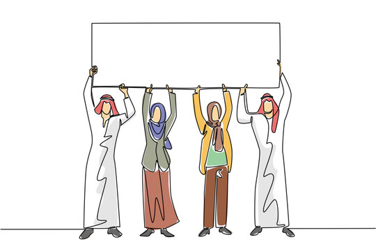 Colorful single line drawing of four Arabian people raising a blank advertisement board together above their heads. Teamwork diversity concept is incredibly suitable for a global event presentation.