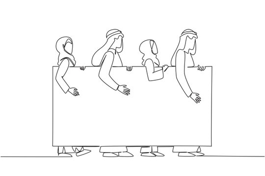 Beautiful one line drawing of two Arabian businessmen and two Muslim businesswomen walking with a blank ad board. This global diversity concept works perfectly for an international community flyer.