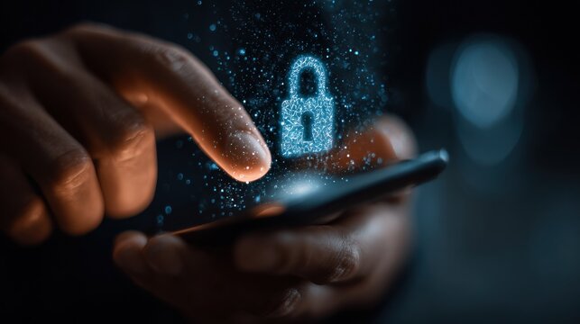 Digital security concept with a smartphone and glowing padlock symbol created with particles