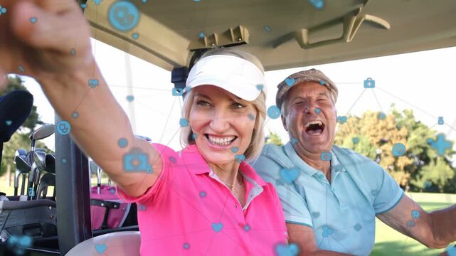 Woman spotting offscreen, pointing toward camera, sharing laugh, golf blue icons drifting forward