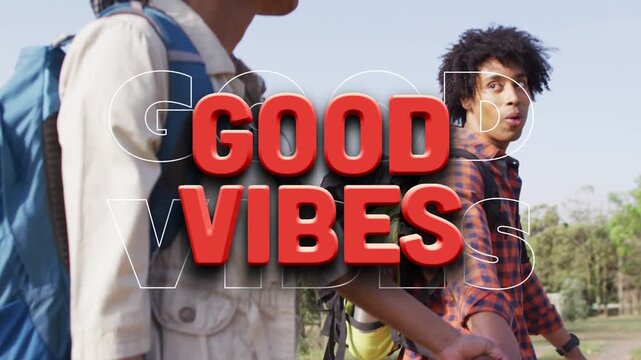 Couple holding hands on park trail red GOOD VIBES 3D appearing pulsing and obscuring them marketing