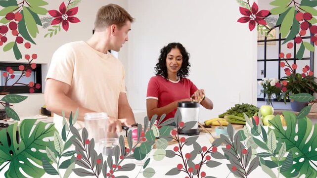 Man starting blender after placing jar, woman adding banana for smoothie, floral border framing