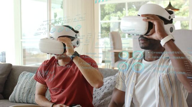 Two men activating white VR headsets on sofa, using controller and interacting with HUD for gaming