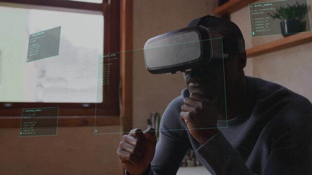 Man wearing VR headset resting chin, reaching and tapping translucent HUD menus for tech navigation