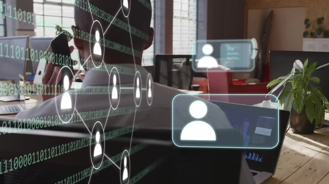 Manager lifting phone, speaking in office, causing network nodes, avatars over laptop, syncing IT
