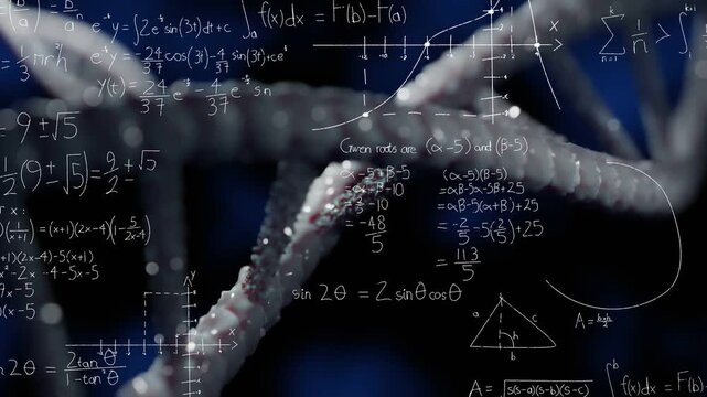 Focus shift starting camera sweep along DNA helix, drops glinting while math drawing to show form