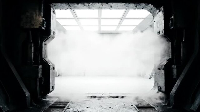 A dimly lit, eerie passageway with a bright light emanating from the center, flanked by metallic walls and surrounded by fog