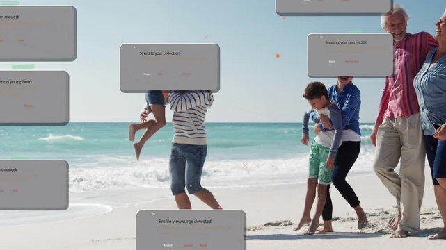 Family walking shore, parents lifting kids, movement sparking UI alerts for ads, bonding