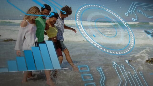 Friends entering surf, moving while blue tech HUD overlaying showing circular UI bar chart for fun