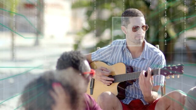 Guitarist starting strumming for music, camera zooming while overlays marking chords with focus box