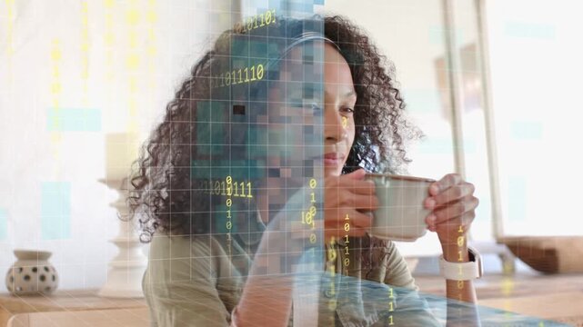 Woman entering nook, reaching chair, picking mug to sip, tech overlay animating grid around face